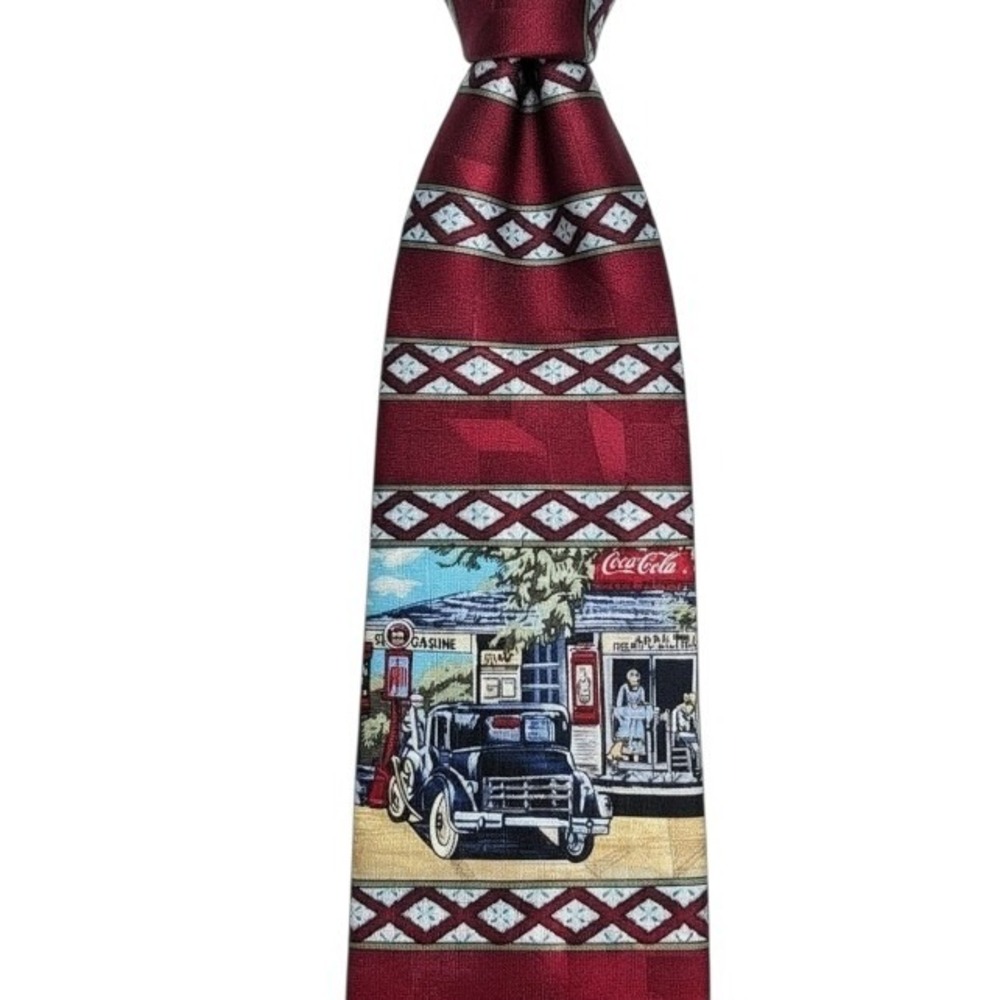 Coca-Cola Novelty Necktie Classic Car Gas Station Print Burgundy‎